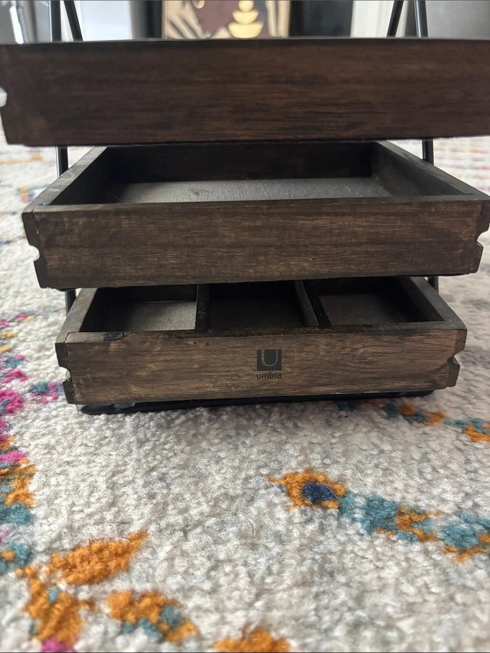 Modern Black Metal Triangle Magazine Rack with Brown Wood Shelves